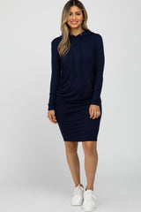 Navy Blue Ruched Hooded Maternity Dress