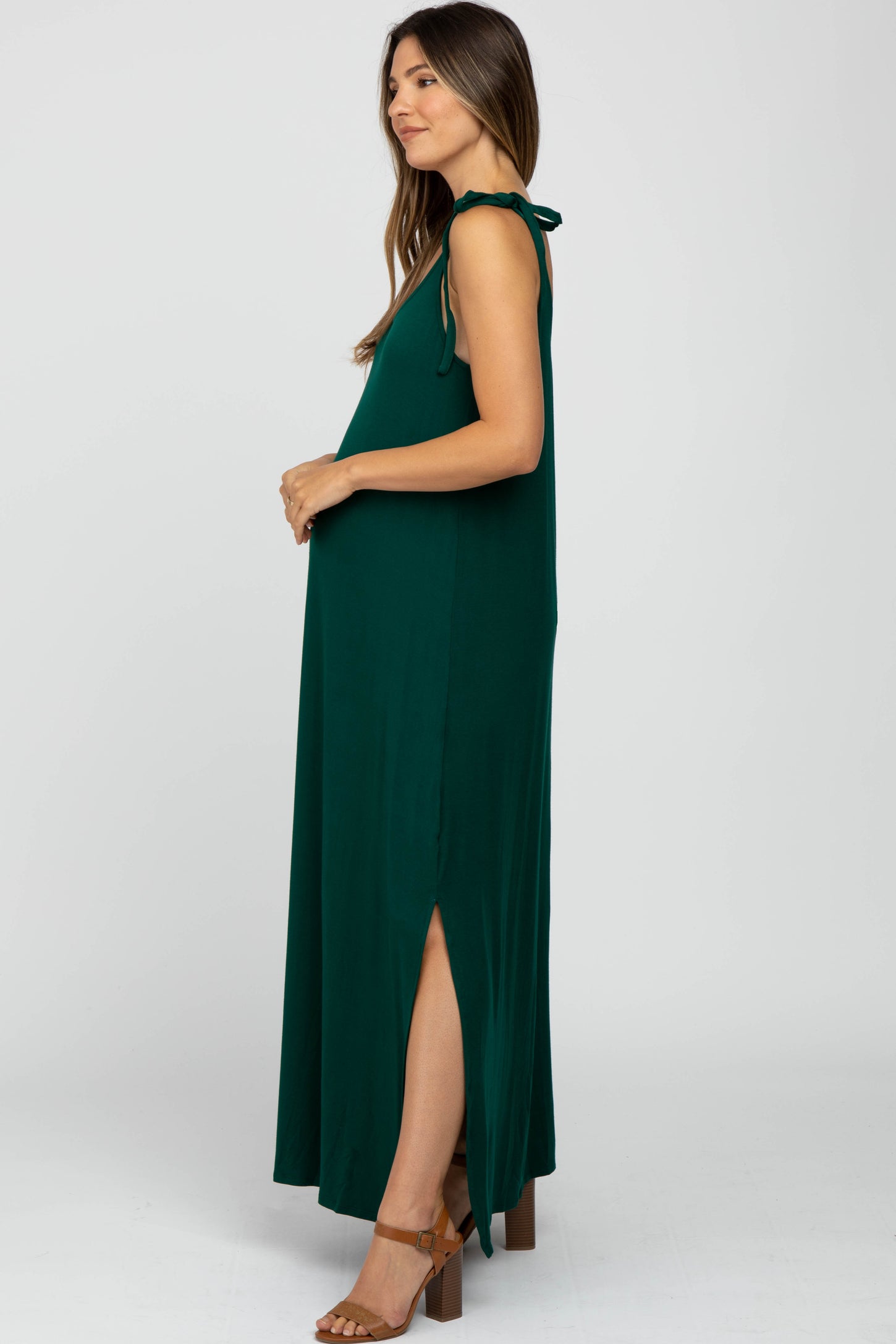 Green Tie Strap Side Slit Maternity Maxi Dress– PinkBlush