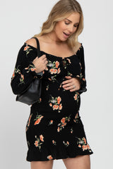 Black Floral Long Sleeve Smocked Maternity Mini Dress