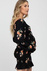 Black Floral Long Sleeve Smocked Maternity Mini Dress