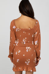 Camel Floral Long Sleeve Smocked Mini Dress