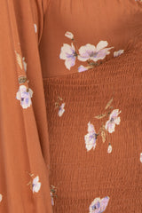 Camel Floral Long Sleeve Smocked Mini Dress
