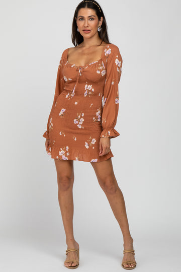 Camel Floral Long Sleeve Smocked Mini Dress