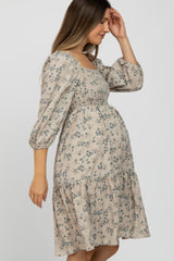 Beige Floral Tiered Maternity Dress