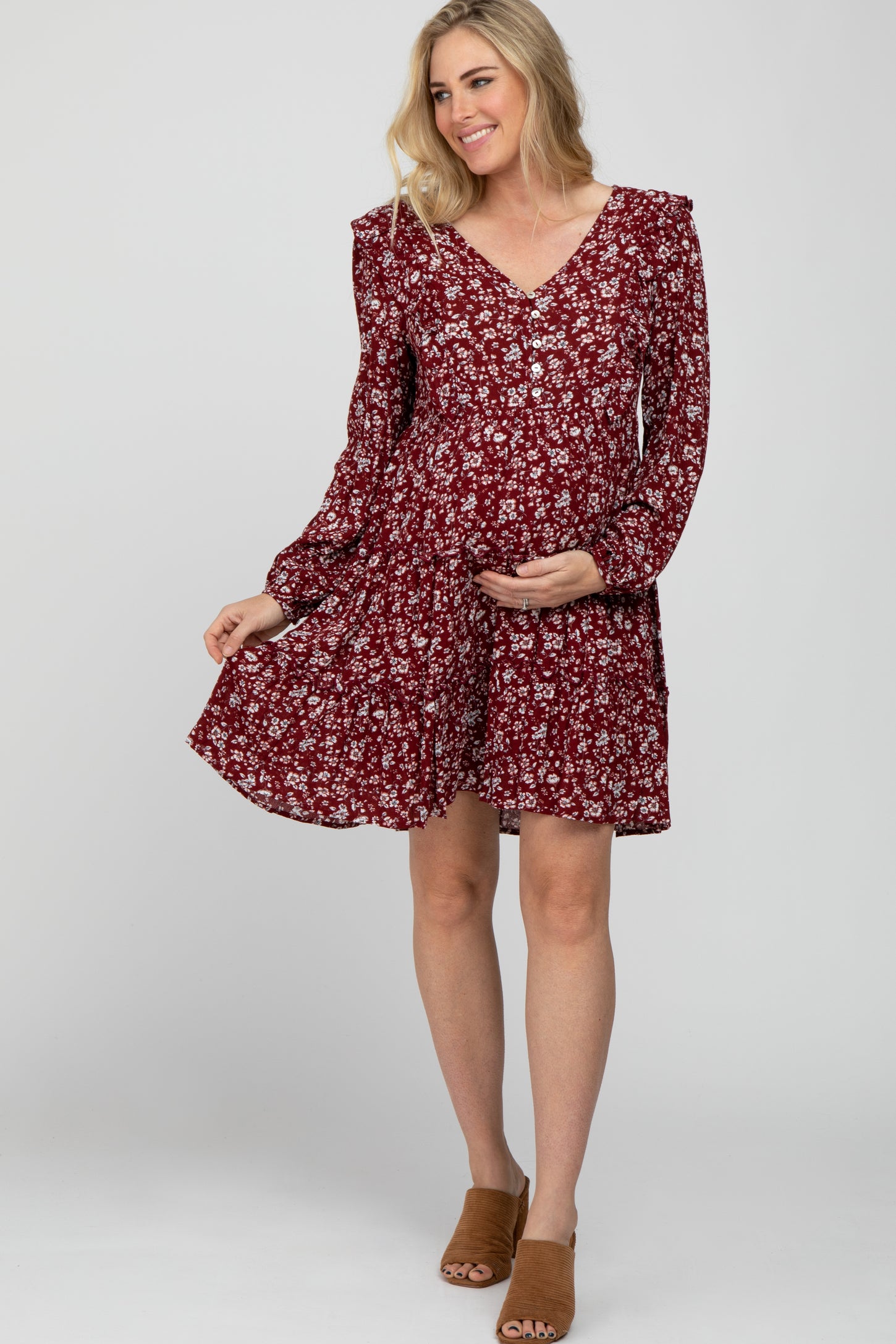 Burgundy Floral Ruffle Tiered Maternity Dress
