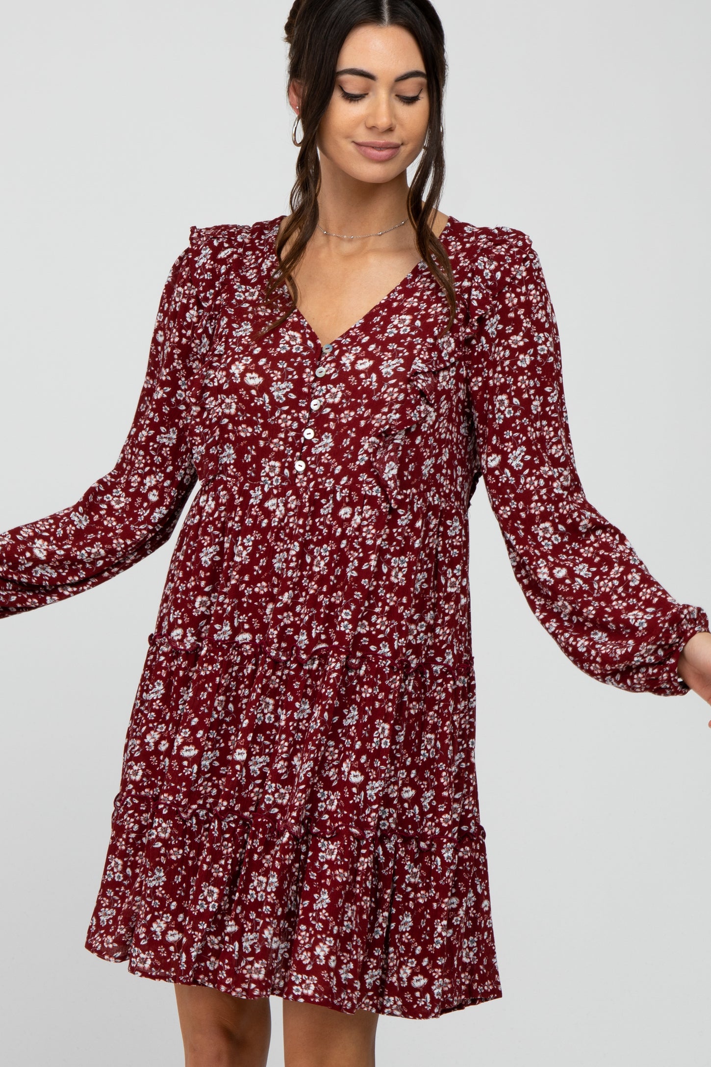 Burgundy Floral Ruffle Tiered Dress