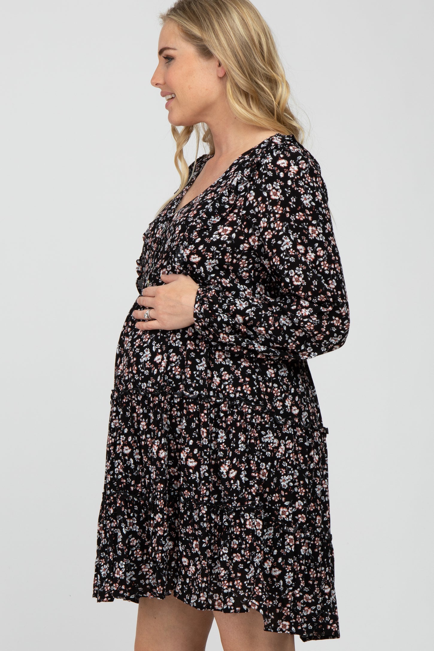Black Floral Ruffle Tiered Maternity Dress