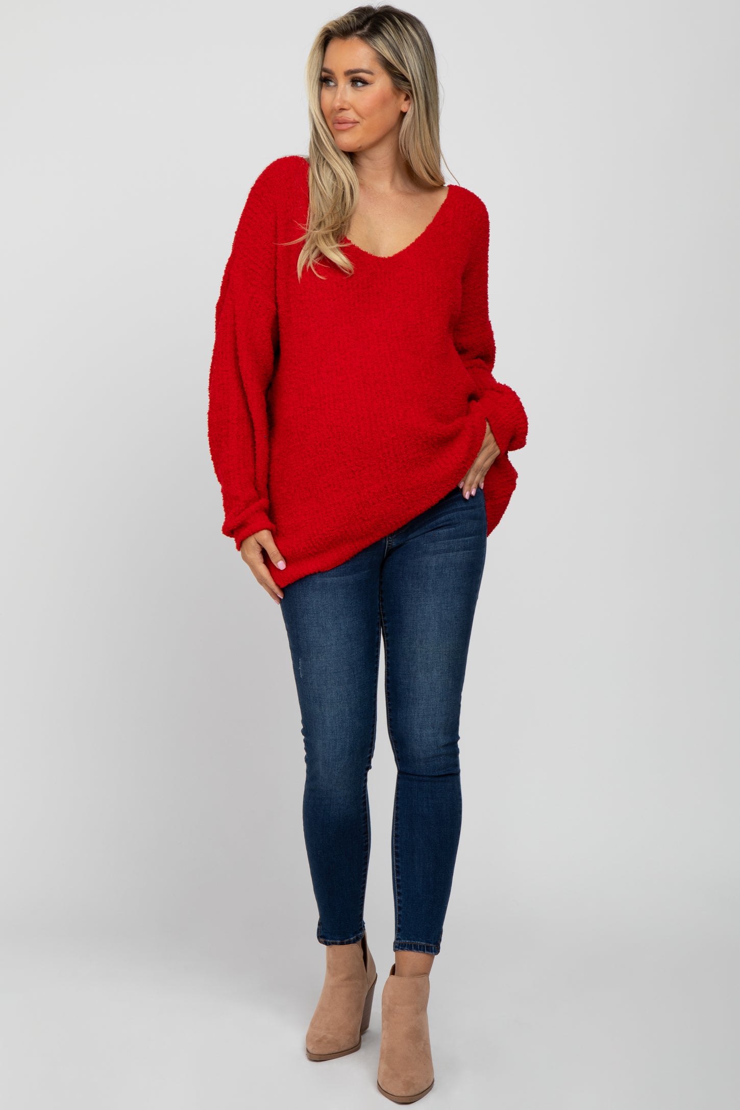 Red V-Neck Soft Maternity Sweater