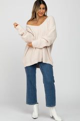 Beige V-Neck Soft Maternity Sweater