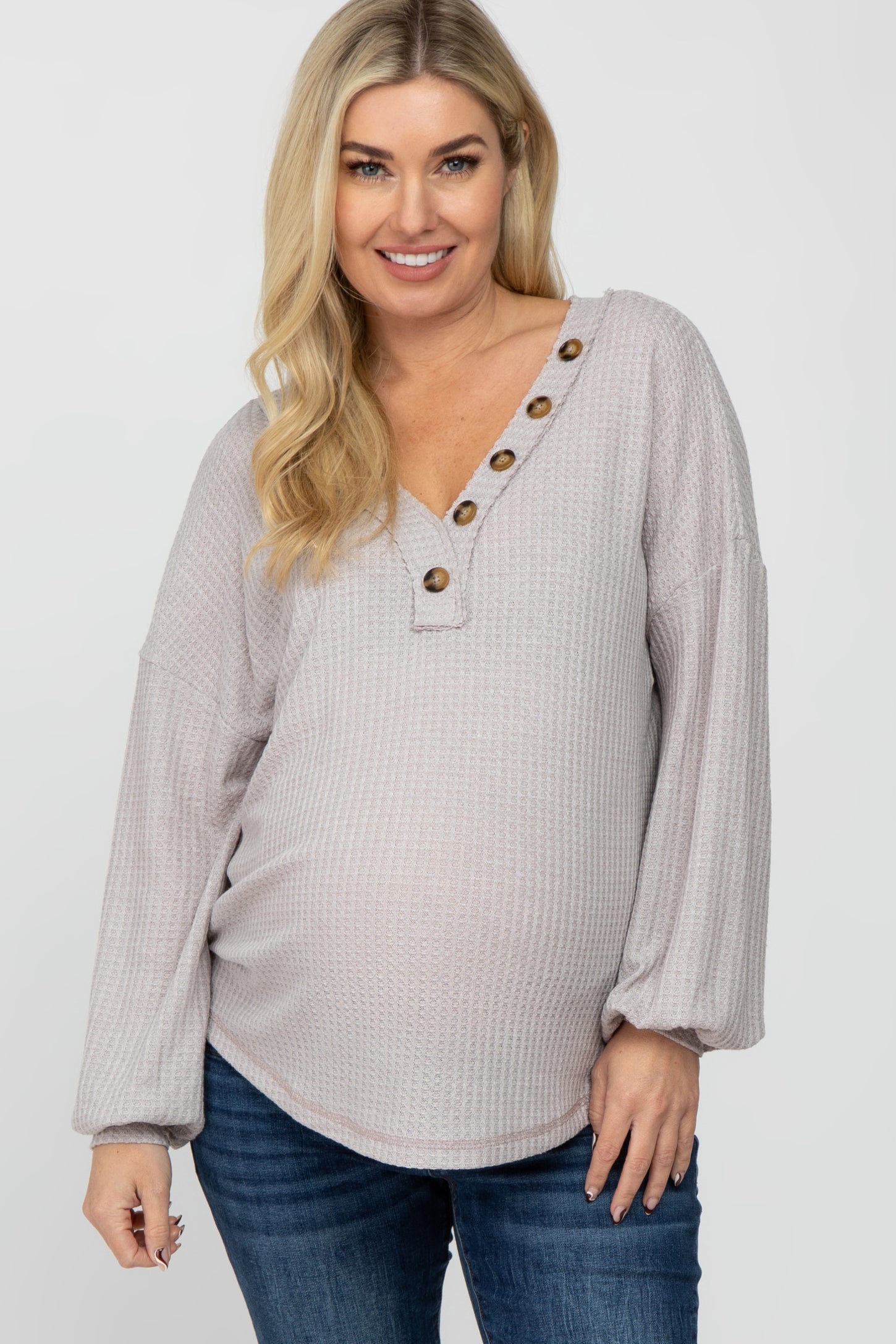 Grey Waffle Knit Button Accent Maternity Top