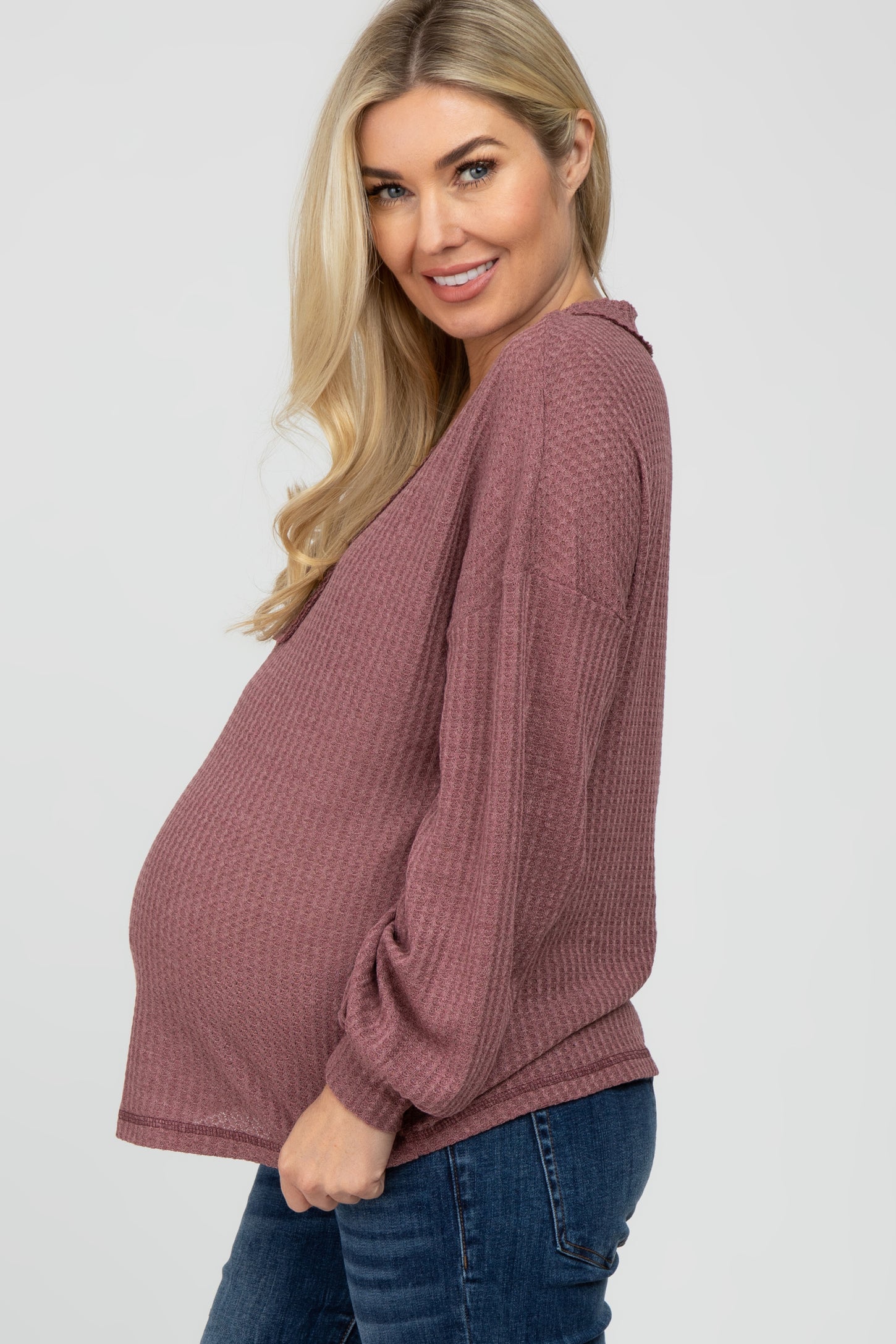 Dark Mauve Waffle Knit Button Accent Maternity Top