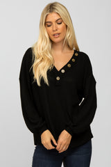 Black Waffle Knit Button Accent Top