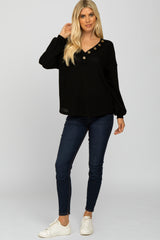 Black Waffle Knit Button Accent Top