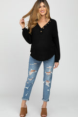 Black Waffle Knit Button Accent Maternity Top