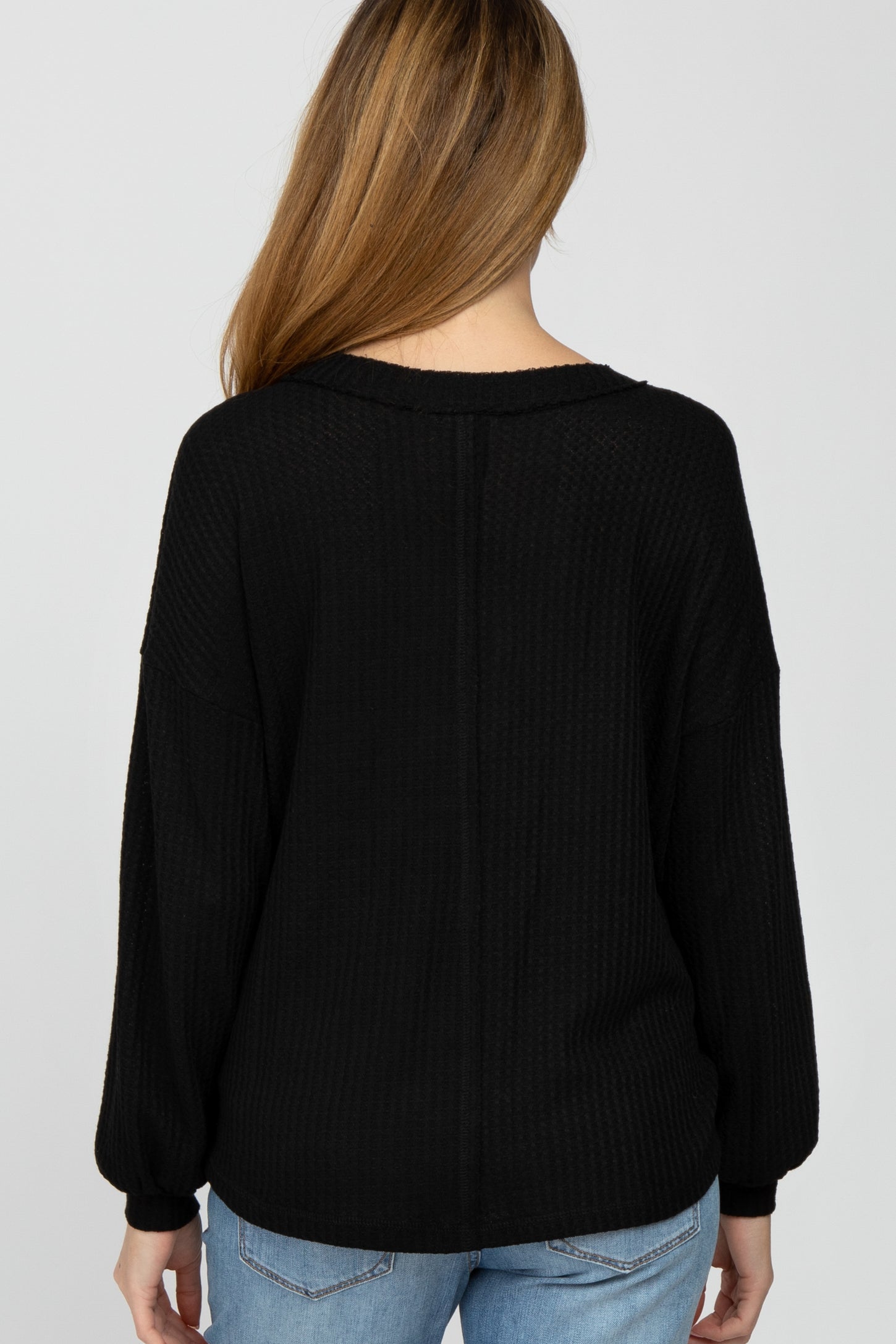 Black Waffle Knit Button Accent Maternity Top