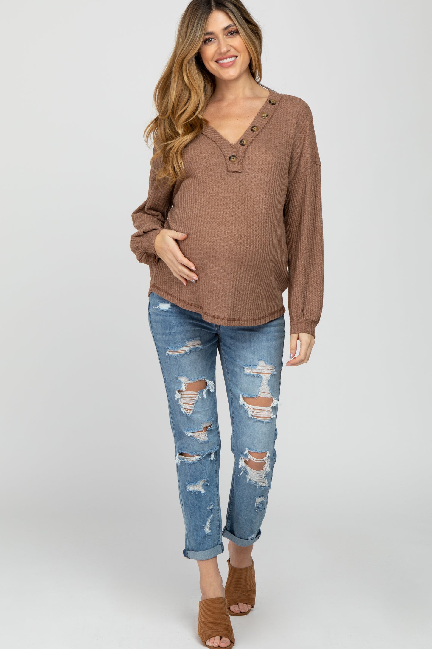 Brown Waffle Knit Button Accent Maternity Top