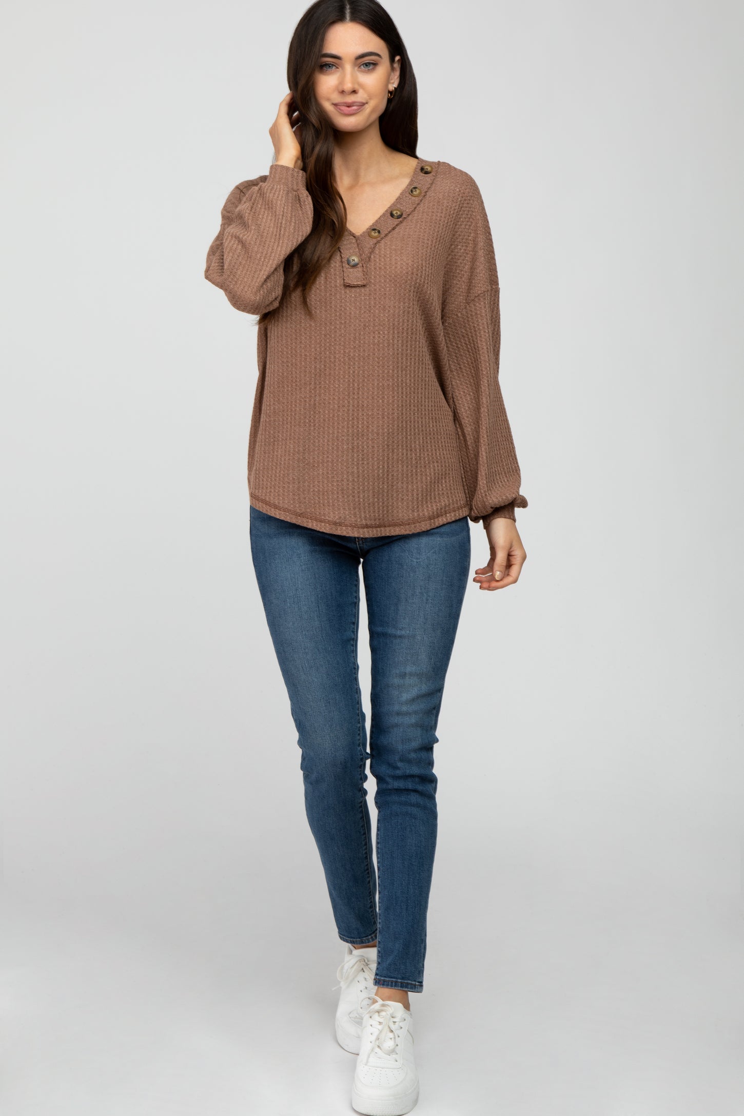 Brown Waffle Knit Button Accent Top