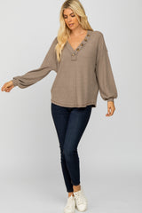 Mocha Waffle Knit Button Accent Top