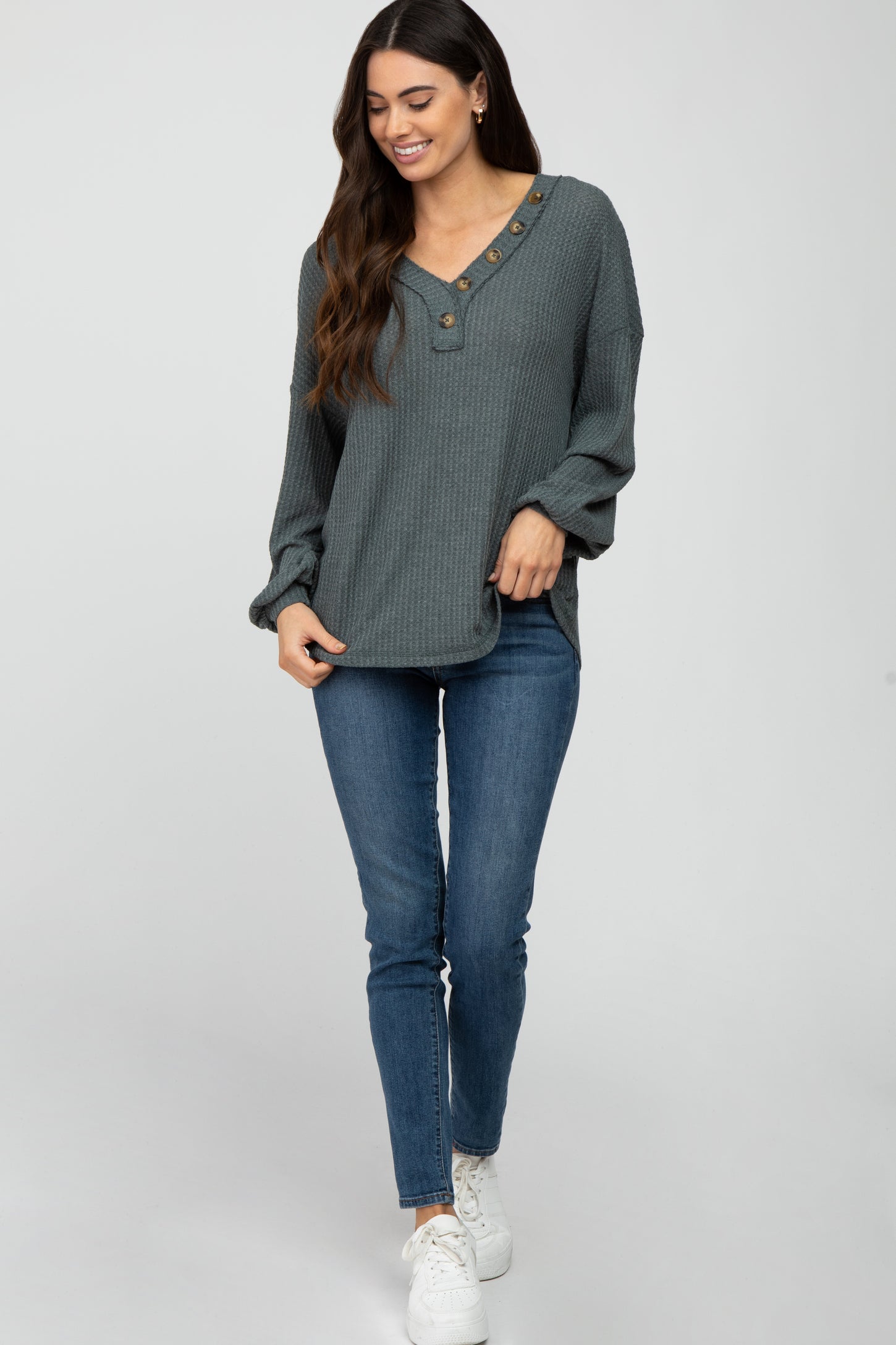 Teal Waffle Knit Button Accent Top