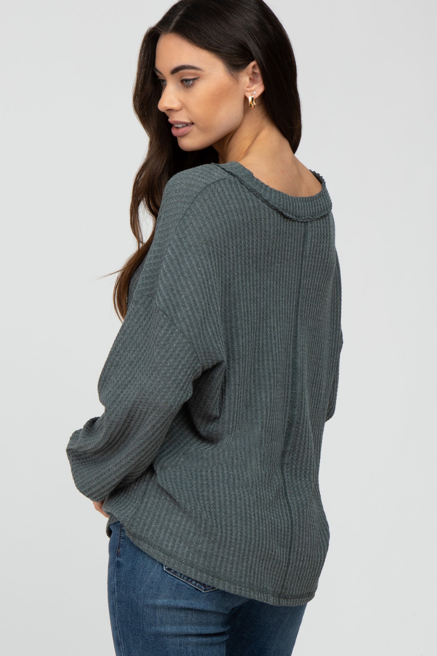 Teal Waffle Knit Button Accent Top