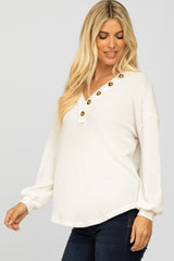 White Waffle Knit Button Accent Top