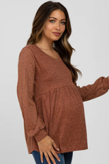Rust Textured Knit Babydoll Long Sleeve Maternity Top