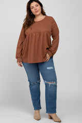 Rust Textured Knit Babydoll Long Sleeve Plus Top