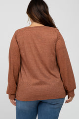 Rust Textured Knit Babydoll Long Sleeve Plus Top