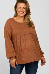Rust Textured Knit Babydoll Long Sleeve Maternity Plus Top
