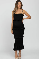 Black Satin Smocked Fitted Maternity Midi Dress