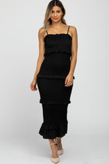 Black Satin Smocked Fitted Maternity Midi Dress