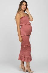 Mauve Satin Smocked Fitted Maternity Midi Dress