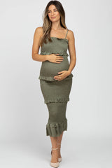 Olive Satin Smocked Fitted Maternity Midi Dress