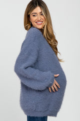 Blue Fuzzy Chunky Knit Maternity Sweater