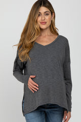 Charcoal Heathered Hi-Low Maternity Long Sleeve Top