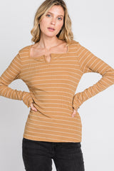Camel Ribbed Striped Long Sleeve Top