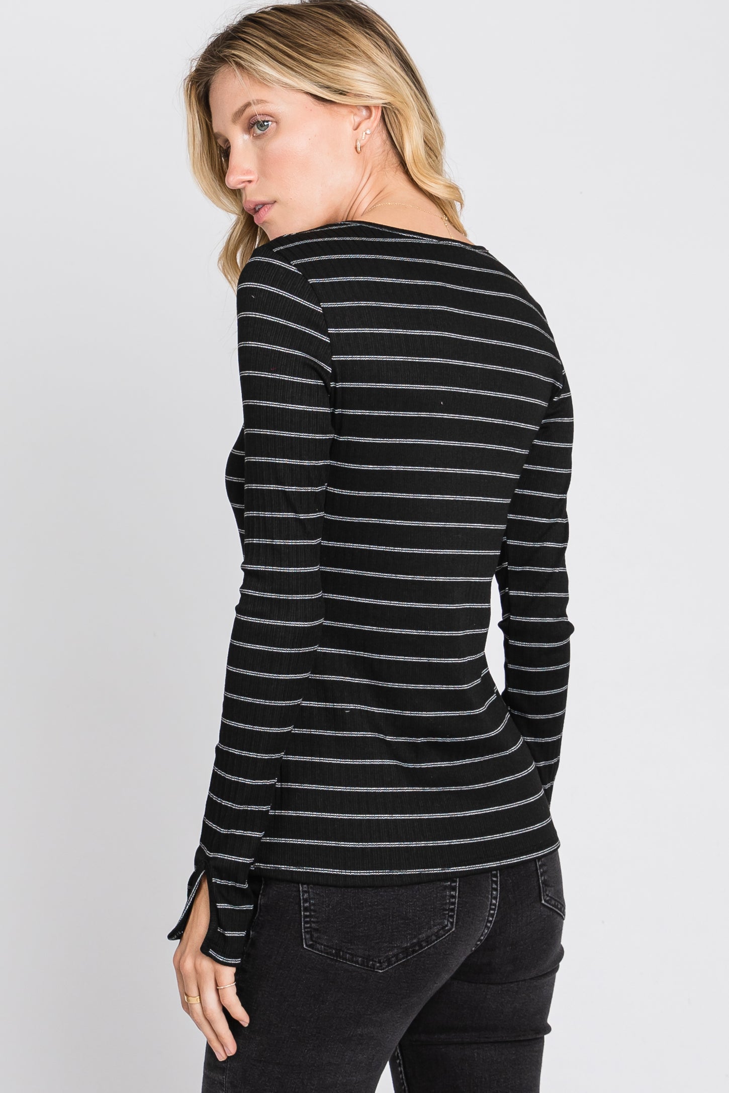 Black Ribbed Striped Long Sleeve Top