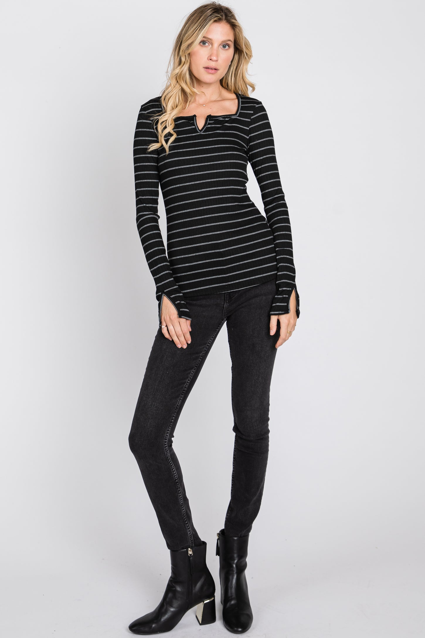 Black Ribbed Striped Long Sleeve Top