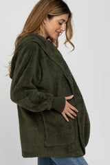 Olive Fuzzy Hooded Long Sleeve Maternity Jacket