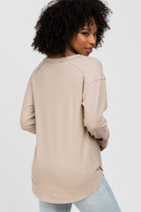 Taupe Split Neck Exposed Seam Long Sleeve Top