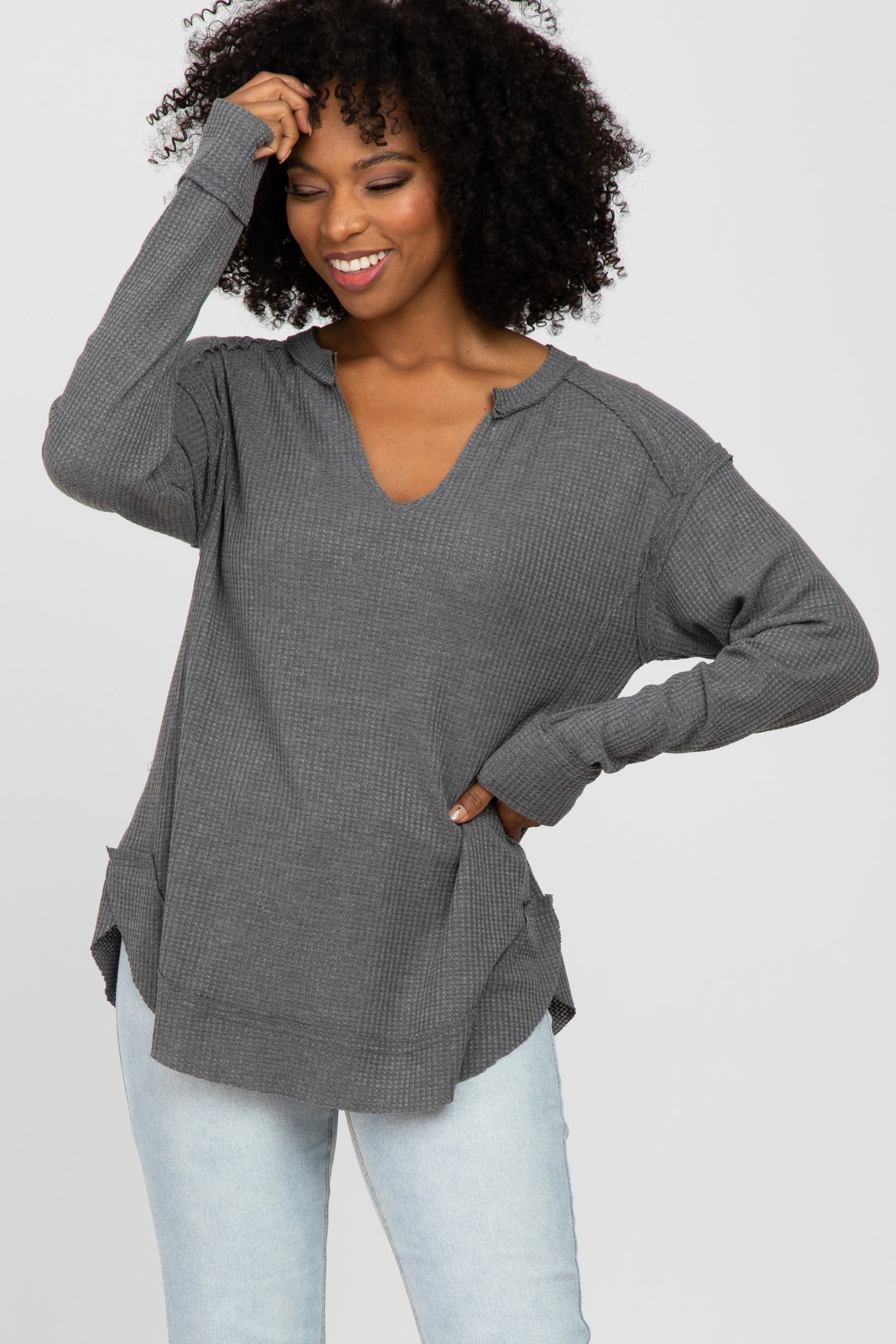 Charcoal Split Neck Exposed Seam Long Sleeve Top