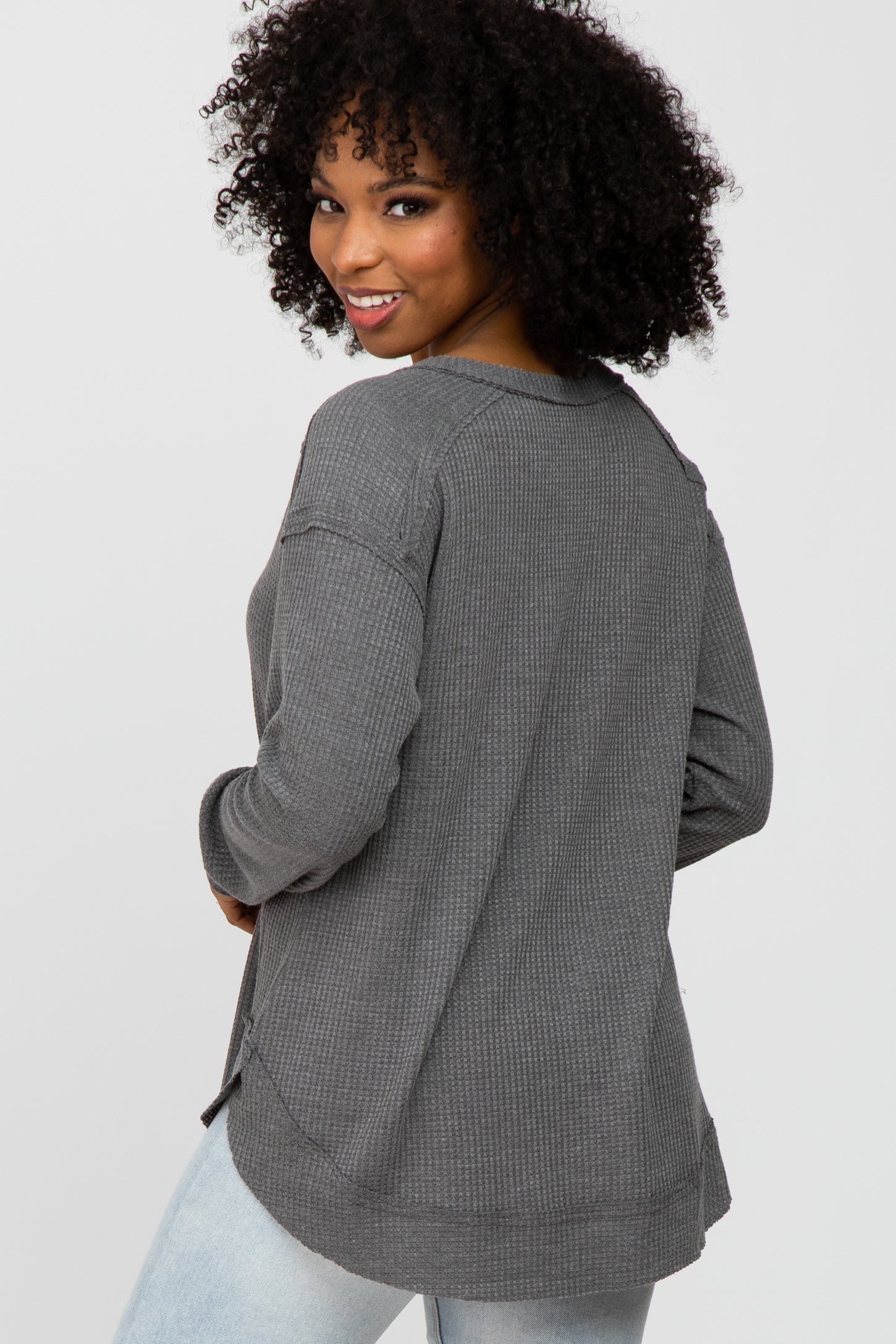 Charcoal Split Neck Exposed Seam Long Sleeve Top