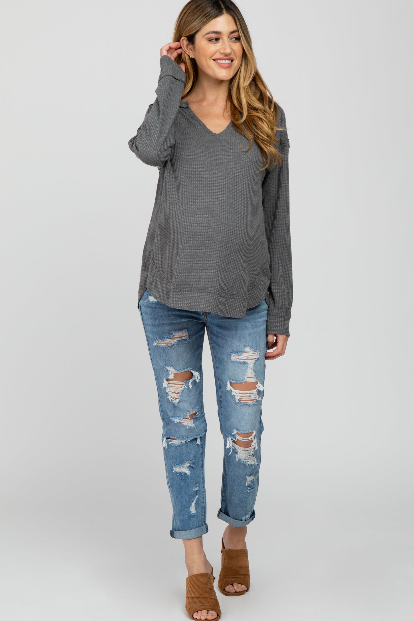 Charcoal Split Neck Exposed Seam Maternity Long Sleeve Top