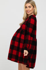 Red Plaid Long Sleeve Maternity Dress