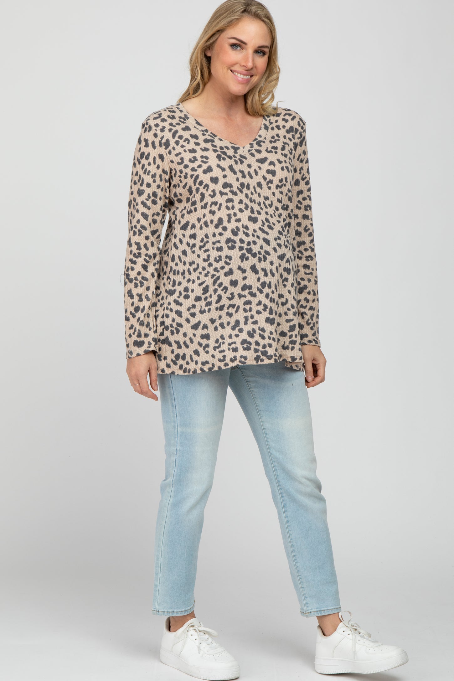Taupe Leopard Print V-Neck Waffle Knit Maternity Top
