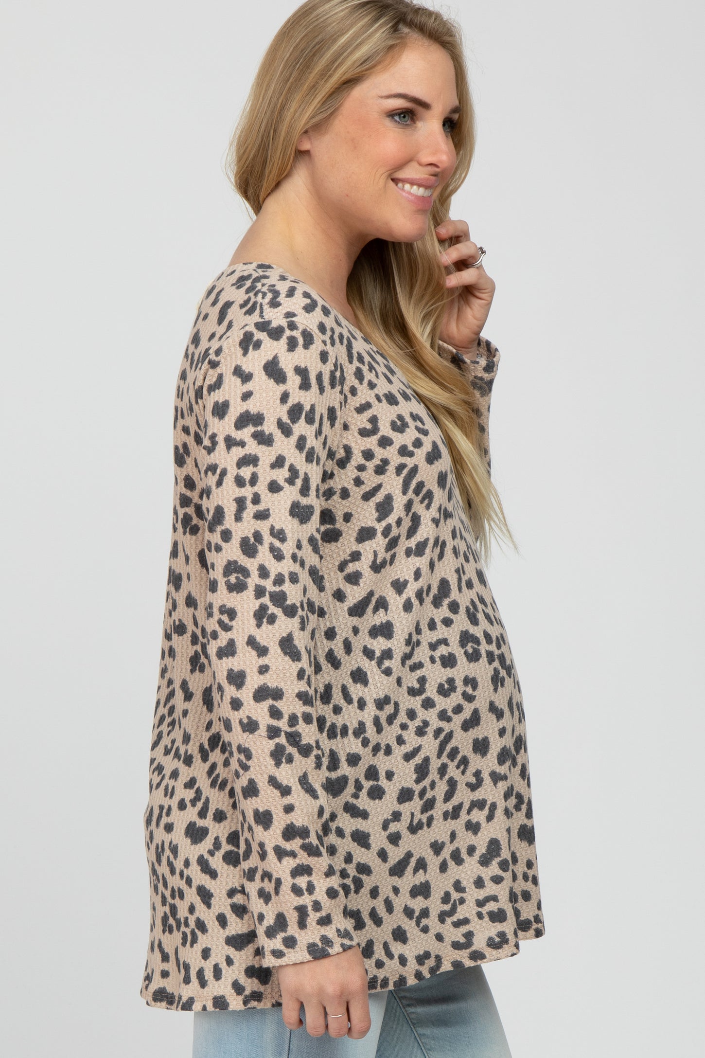 Taupe Leopard Print V-Neck Waffle Knit Maternity Top