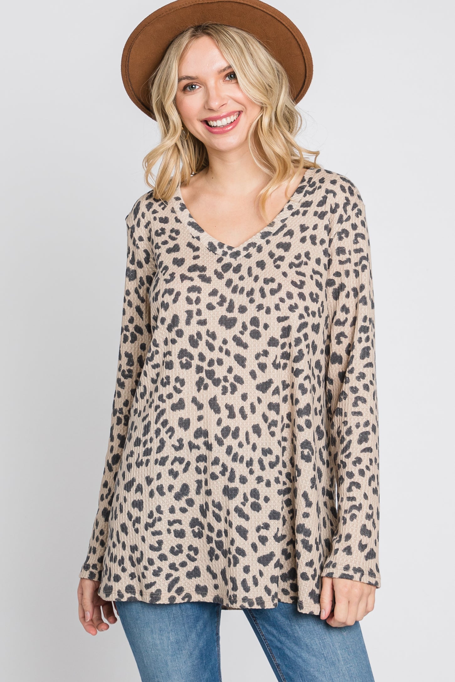 Taupe Leopard Print V-Neck Waffle Knit Top