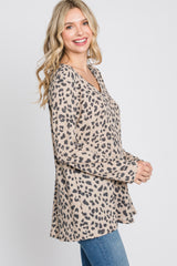 Taupe Leopard Print V-Neck Waffle Knit Top