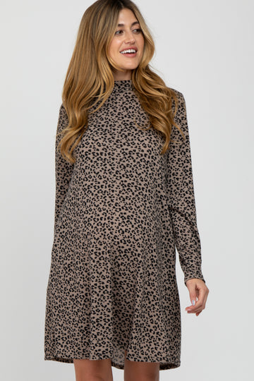 Mocha Animal Print Mock Neck Maternity Dress