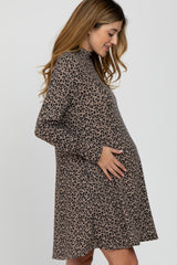 Mocha Animal Print Mock Neck Maternity Dress